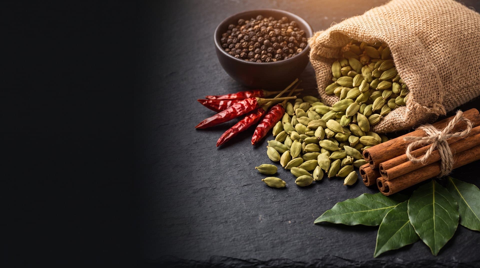 A jute sack spilling green cardamom beside bowls of black pepper, dried chillies and a bundle of cinnamon on dark slate