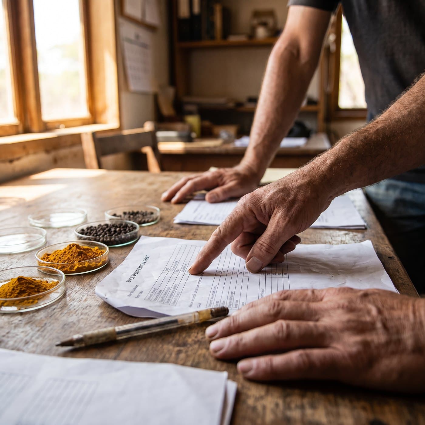 Two people reviewing a printed spice specification sheet at a workbench, dishes of turmeric and black pepper beside it