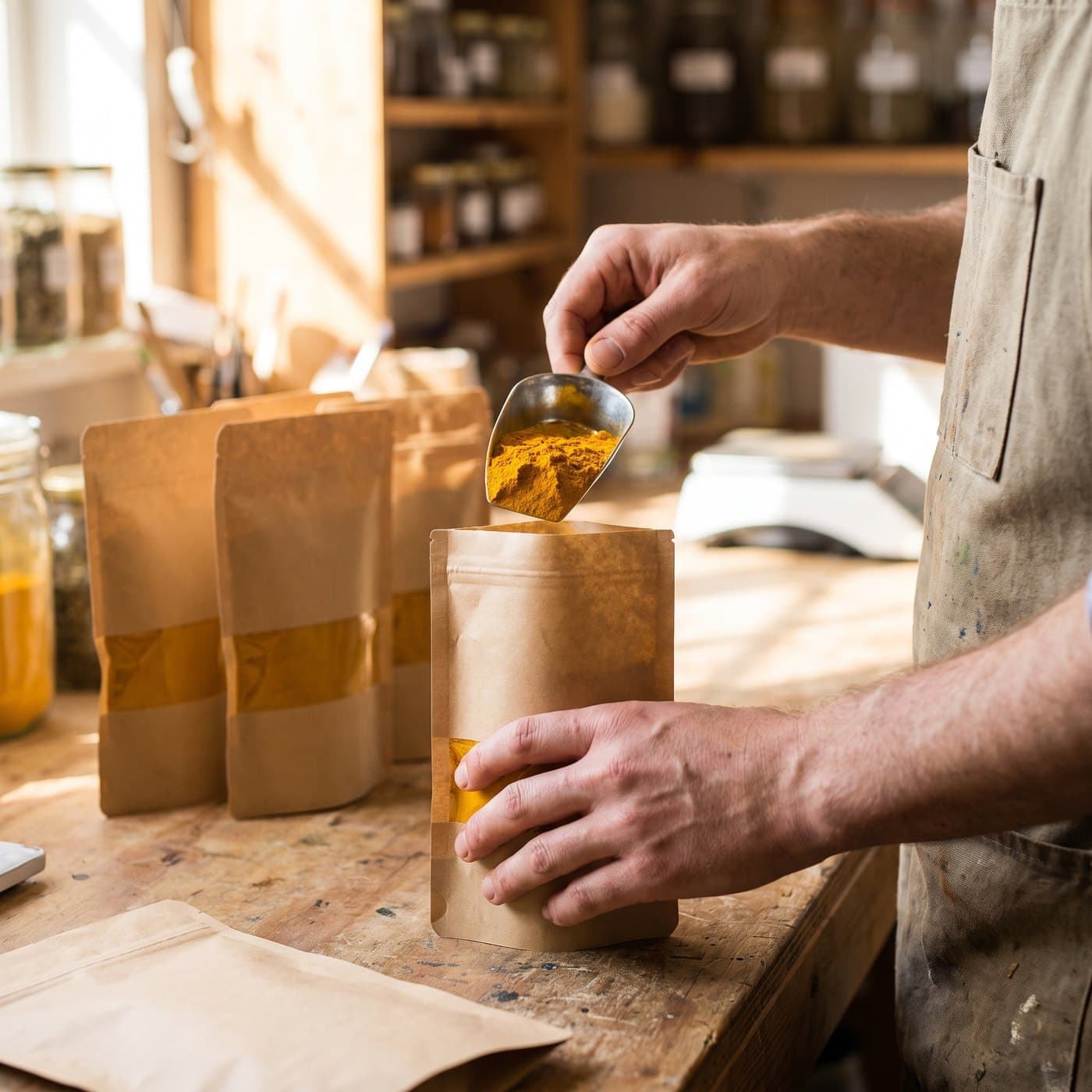 Kraft-paper sample pouches being filled with turmeric on a workbench